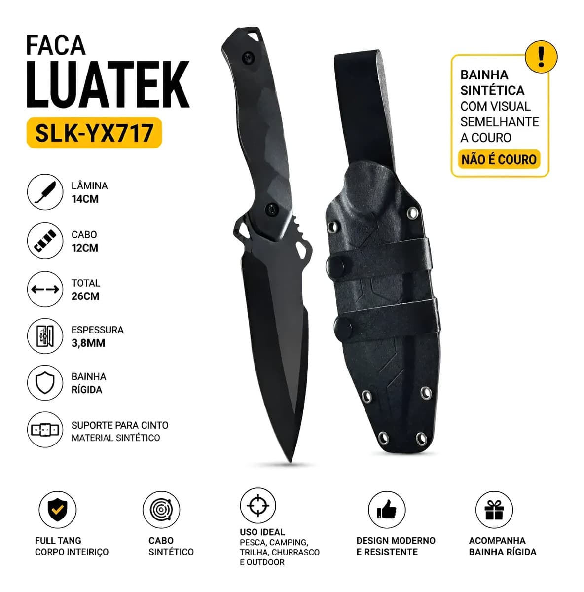Faca Luatek Slk-yx717 Preta 26cm Com Bainha R?gida Pesca Cam