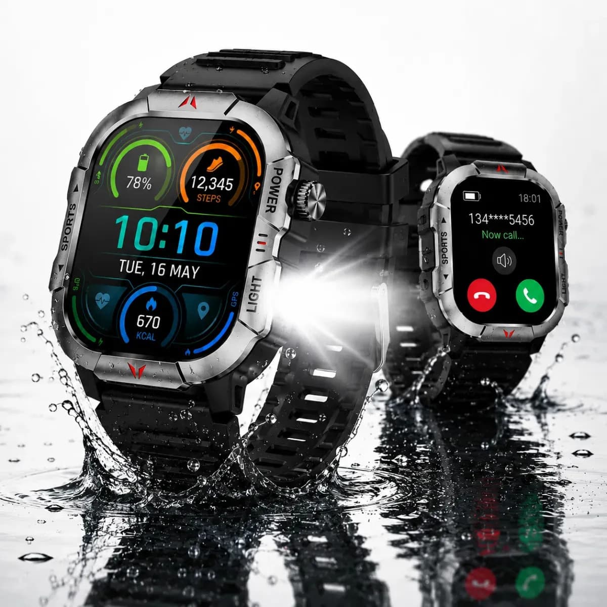 Relogio Smartwatch Tático Inteligente Ultra Militar Ip68 A Prova Dágua Preto Bluetooth Lanterna Notificações Chamadas Masculino Feminino Tela 2.1" Mzcell