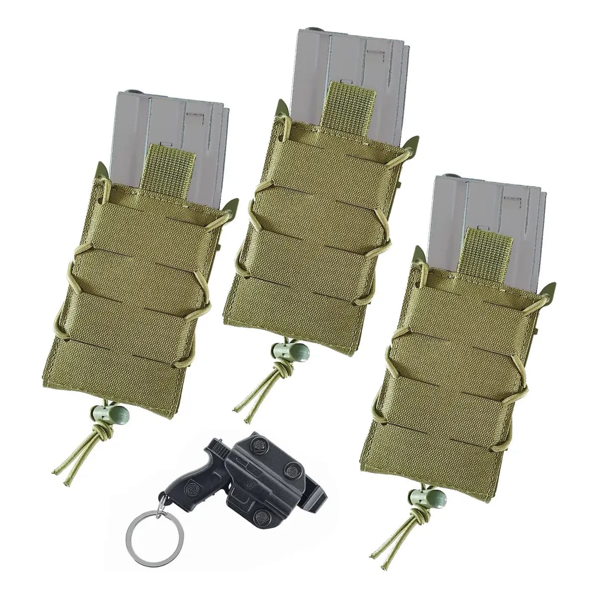 Kit 3x Porta Carregador Verde 556mm M4 5.56mm Para Magazine - Modular Colete Ou Cinto + 1 Chaveiro Holster Bélica