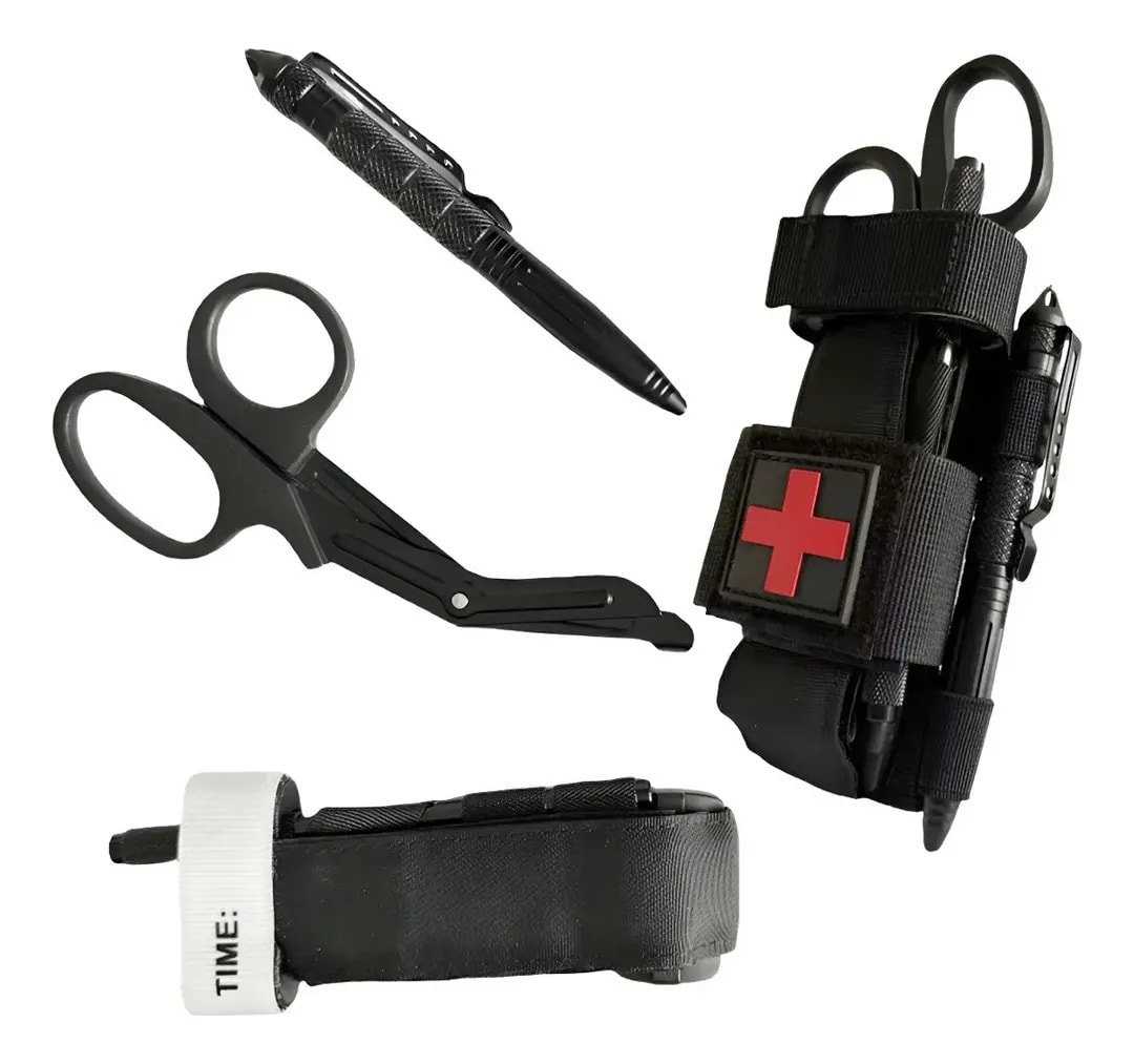 Kit Torniquete Tático 95cm Com Estojo E Tesoura Preto F